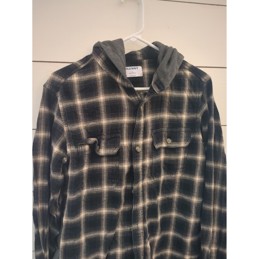 Old Navy men's medium hooded flannel shirt plaid gray fall winter